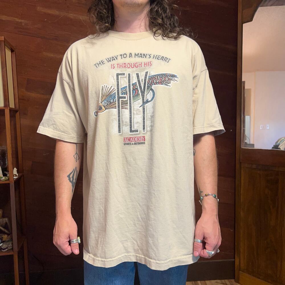 VINTAGE Y2K Novelty Fly Fishing T-Shirt Size 2XL 2005 Academy Sports Funny